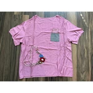 Pink Cat Embroidered Top Floral Graphic Tee Cottagecore Cute Short Sleeve NEW
